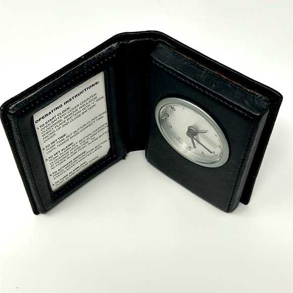 Pottery Barn folding black leather travel alarm clock w/photo frame - Picture 6 of 6